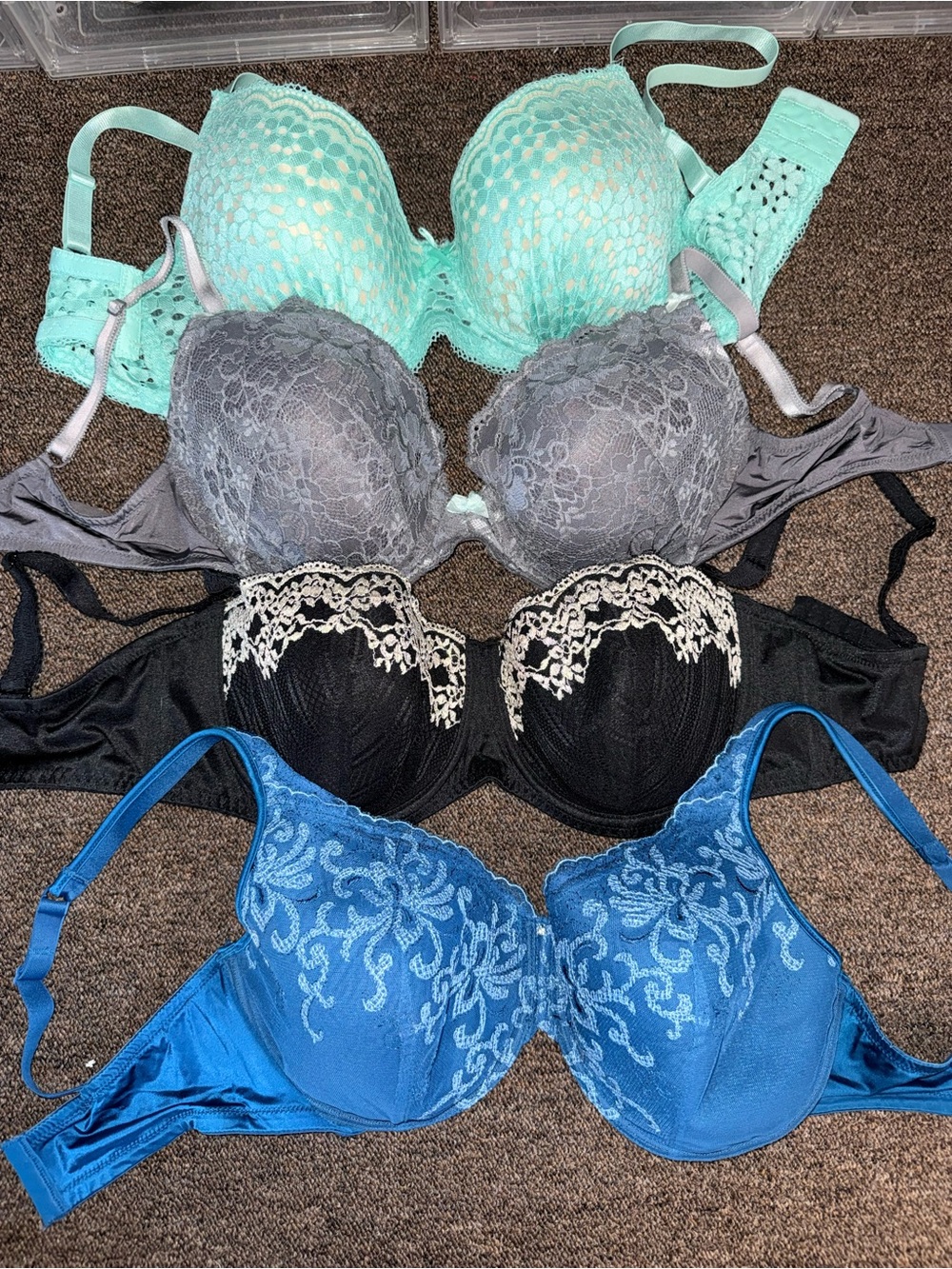 Lace Demi Bra Set — Aqua, Gray, Black & Blue